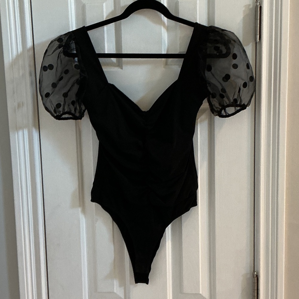 TCEC Black Bodysuit w/ Sheer Puffed Black Polka Dot Sleeves